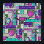 Pink Teal Art Deco Stained Glass Square Wall Clock<br><div class="desc">This wall clock has an square block art deco pattern in digital stained glass. A colourful geometric design in colours of pink,  purple,  teal and green,  perfect for a pop of colour in your home decor.  You can make the pattern on this clock bigger or smaller.</div>