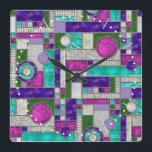 Pink Teal Art Deco Stained Glass Square Wall Clock<br><div class="desc">This wall clock has an square block art deco pattern in digital stained glass. A colourful geometric design in colours of pink,  purple,  teal and green,  perfect for a pop of colour in your home decor.  You can make the pattern on this clock bigger or smaller.</div>