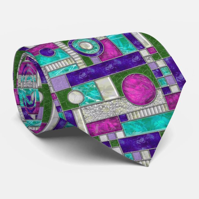 Pink Teal Art Deco Stained Glass Tie (Rolled)