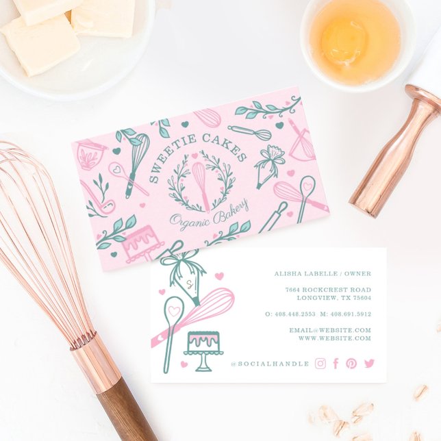 Pink & Teal Baking & Cooking Utensil Bakery Business Card (Creator Uploaded)