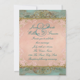 Pink Teal Blue and Gold Vintage Wedding Invitation