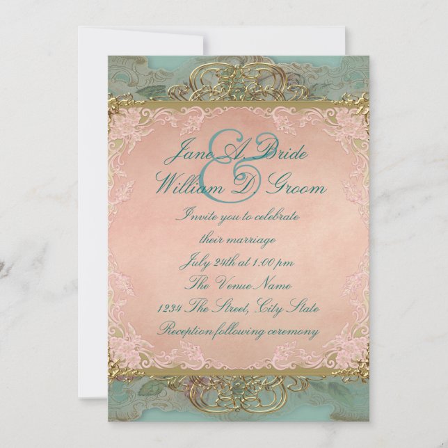 Pink Teal Blue and Gold Vintage Wedding Invitation (Front)