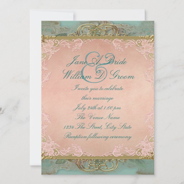 Pink Teal Blue and Gold Vintage Wedding Invitation (Front)