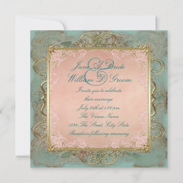 Pink Teal Blue and Gold Vintage Wedding Invitation (Front)