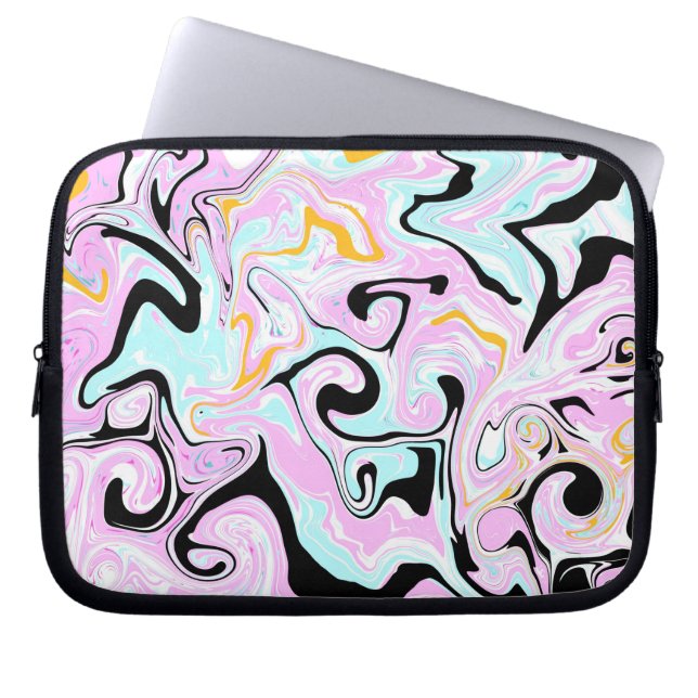 Pink, Teal Blue, Black and Gold Swirls Marble like Laptop Sleeve (Front)