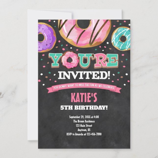 Pink Teal Blue Doughnut Birthday Invitation (Front)