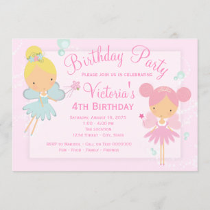 Pink Teal Blue Fairy Princess Girl Birthday Party Invitation