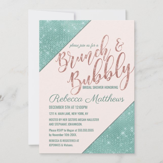 Pink Teal Blue Faux Glitter Sequin Brunch Bubbly Invitation (Front)