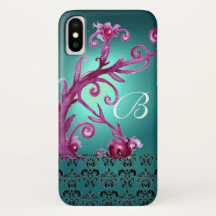 PINK TEAL BLUE FLORAL SWIRLS,BLACK DAMASK MONOGRAM iPhone X CASE