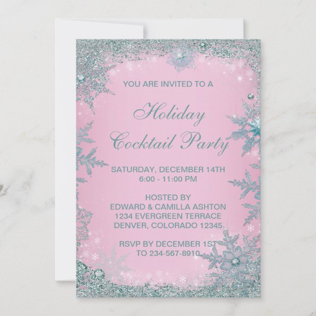 Pink Teal Blue Snowflake Christmas Party Invitation (Front)