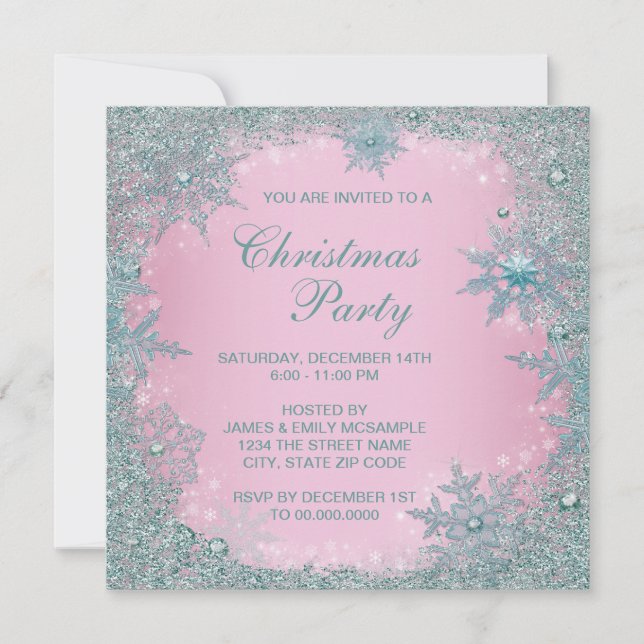 Pink Teal Blue Snowflake Christmas Party Invitation (Front)