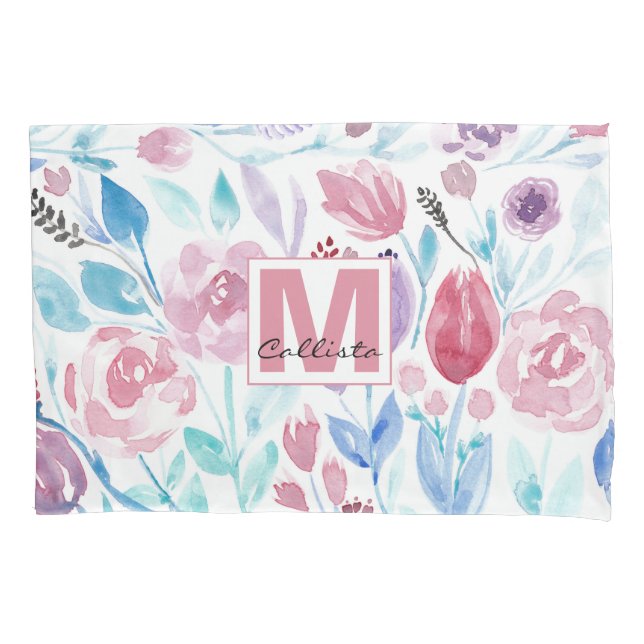 Pink Teal Blue Spring Watercolor Flowers Monogram Pillowcase (Front)