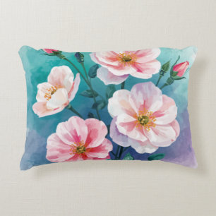 Pink Teal Blue Wild Roses In Watercolor Decorative Cushion