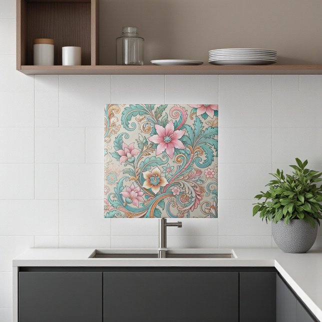 Pink Teal Boho Batik Indonesian Watercolor Floral  Tile (Pink Teal Boho Batik Indonesian Watercolor Floral Ceramic Tile)