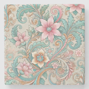 Pink Teal Boho Indonesian Batik Floral Watercolor Stone Coaster