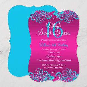 Pink & Teal Bright Floral Swirl Sweet 16 Invite
