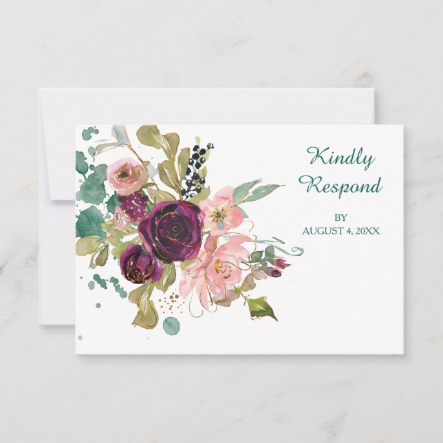Pink Teal Burgundy Floral Wedding RSVP (Front)