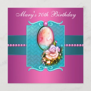 Pink Teal Cameo Rose Womans 70th Birthday Party Invitation