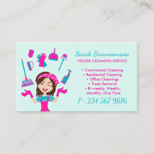 Pink teal Cartoon House Cleaning Service Business Card