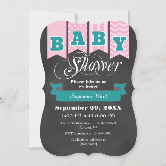 Pink Teal Chalkboard Flag Baby Shower Invite (Front)