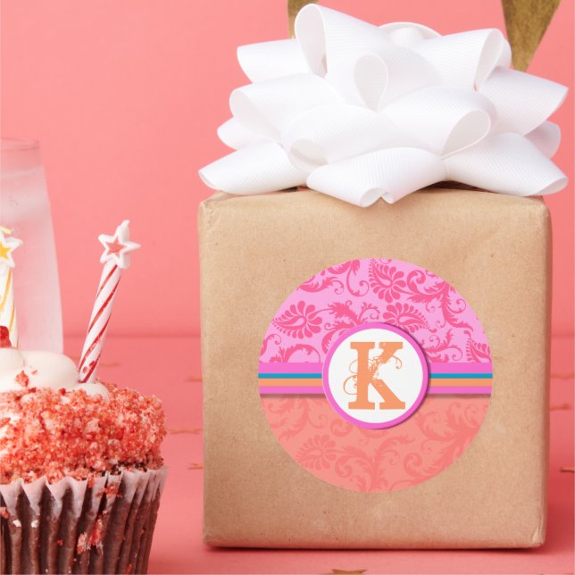 Pink Teal & Coral Damask Monogram Wedding Stickers (Party)