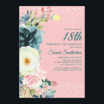 Pink Teal Cream Floral 18th Birthday Invitation<br><div class="desc">Elegant blush pink,  teal and ivory/cream-coloured watercolor floral and greenery 18th birthday party invitation accented with silver stardust/glitter. Text on this card is teal,  but is customisable to any colour or font you choose.</div>