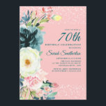 Pink Teal Cream Floral 70th Birthday Invitation<br><div class="desc">Elegant blush pink,  teal and ivory/cream-coloured watercolor floral and greenery 70th birthday party invitation accented with silver stardust/glitter. Text on this card is teal,  but is customisable to any colour or font you choose.</div>