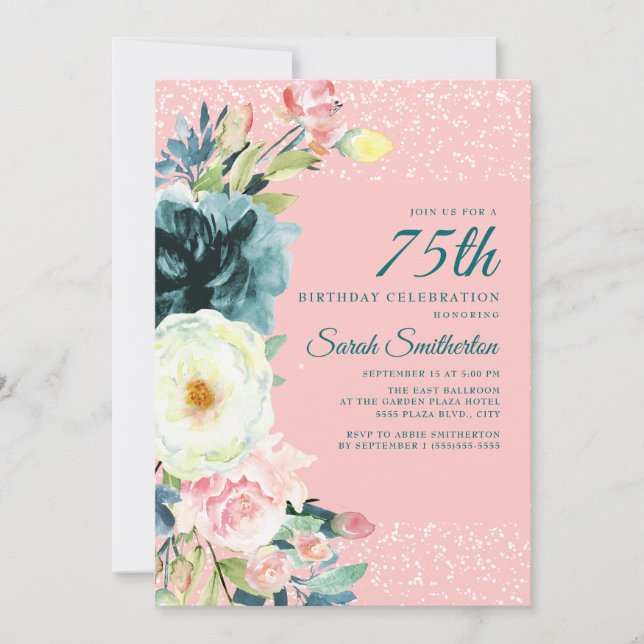 Pink Teal Cream Floral 75th Birthday Invitation (Front)