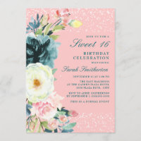 Pink Teal Cream Floral Sweet 16 Birthday