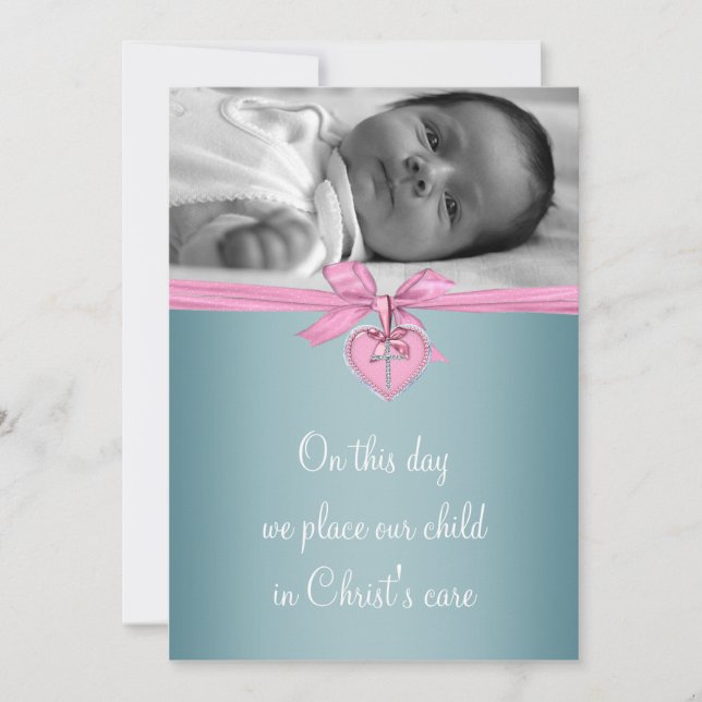 Pink Teal Cross Baby Girl Photo Christening Invitation (Front)