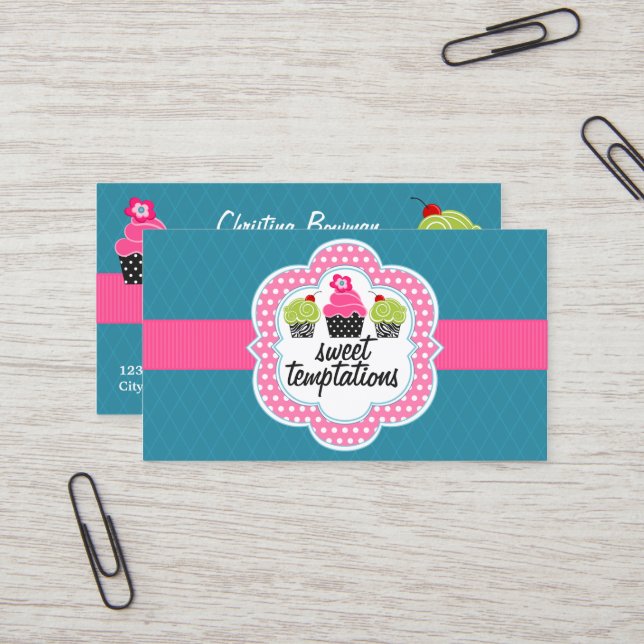Pink Teal Cupcake Bakery Business Card (Front/Back In Situ)