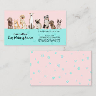 Pink Teal Cute Paws Watercolor Dogs Business Card
