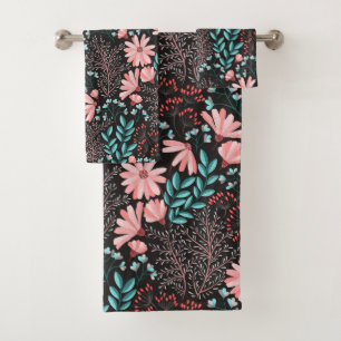 Pink & Teal Dark Floral Pattern Bath Towel Set
