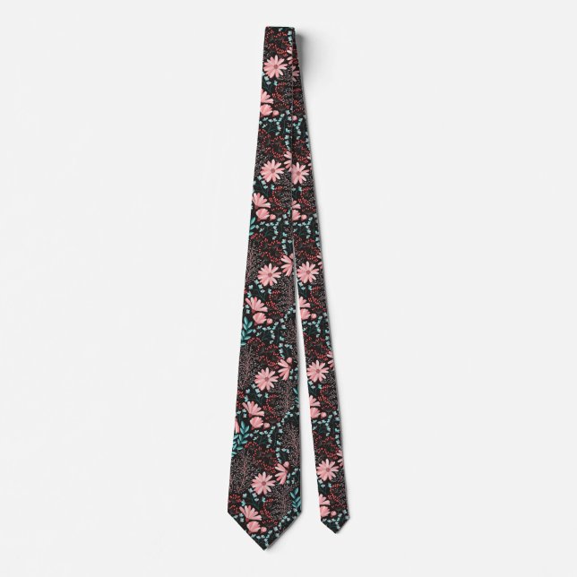 Pink & Teal Dark Floral Pattern Tie (Front)