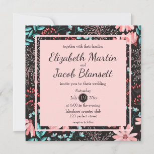 Pink & Teal Dark Floral Pattern Wedding Invitation