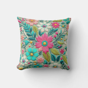 Pink Teal Embroidery Style Flower Design Cushion