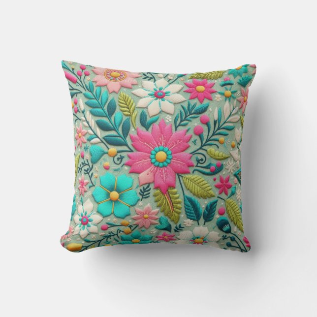 Pink Teal Embroidery Style Flower Design Cushion (Front)
