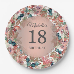 Pink Teal Floral 18th Birthday Paper Plate