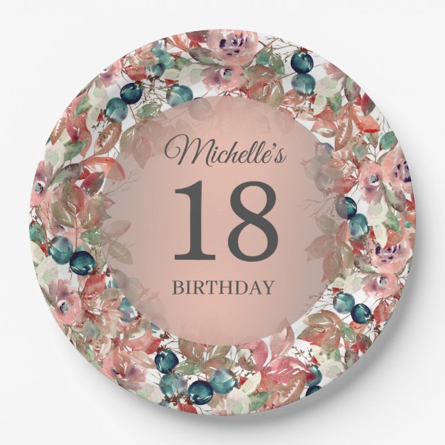 Pink Teal Floral 18th Birthday Paper Plate (Front)