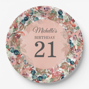 Pink Teal Floral 21st Birthday Paper Plate