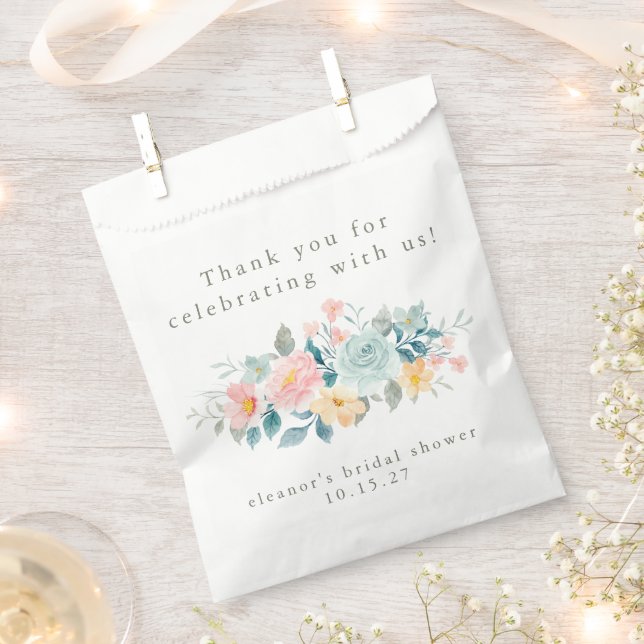 Pink Teal Floral Bridal Shower Custom Thank You Favour Bags (Clipped)