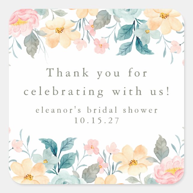 Pink Teal Floral Bridal Shower Custom Thank You Square Sticker (Front)