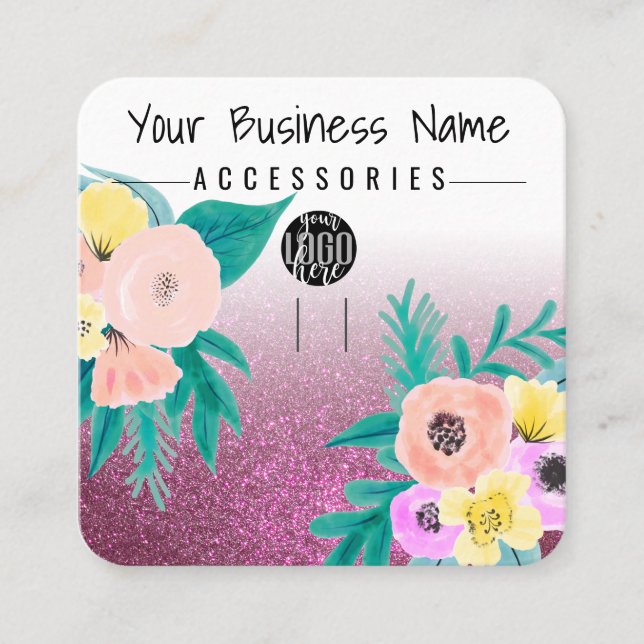 Pink Teal Floral Glitter Logo Keychain Display Square Business Card (Front)