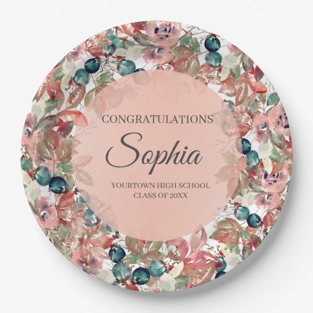 Pink Teal Floral Graduation Congratulations Paper Plate (Front)