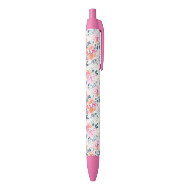 Pink & Teal Floral Pattern Black Ink Pen (Bottom (Vertical))