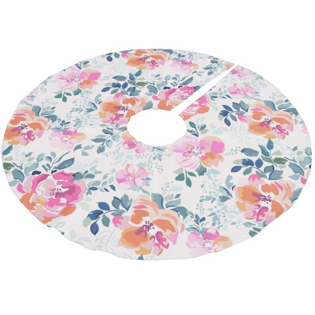 Pink & Teal Floral Pattern Brushed Polyester Tree Skirt (Angled)