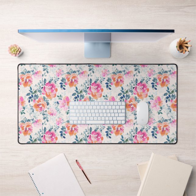 Pink & Teal Floral Pattern Desk Mat (Office 1)