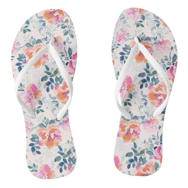 Pink & Teal Floral Pattern Flip Flops (Footbed)