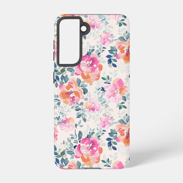 Pink & Teal Floral Pattern Samsung Galaxy S21 Case (Back)