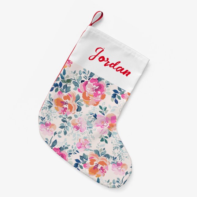 Pink & Teal Floral Pattern Small Christmas Stocking (Front (Hanging))